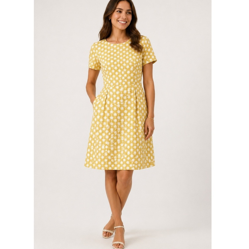 Boden Sierra Yellow Floral Textured Cotton Dress US 6R Short Sleeve A-Line